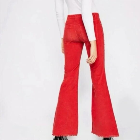 We The Free Red Corduroy Flare Pants 25 Free People Raw Hem Boho Unique Jeans - Picture 3 of 11